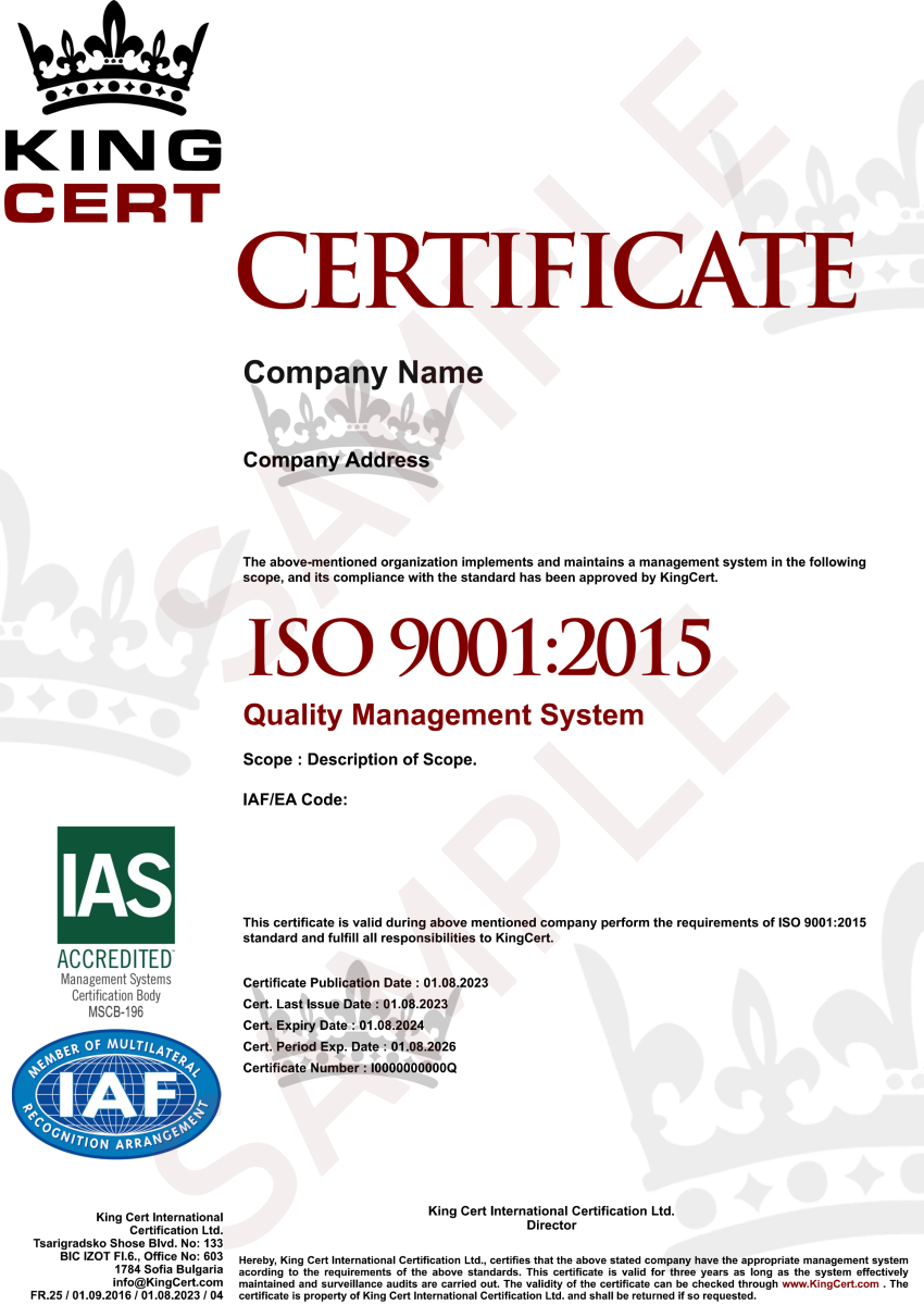 Sample Kingcert Quality Certificate